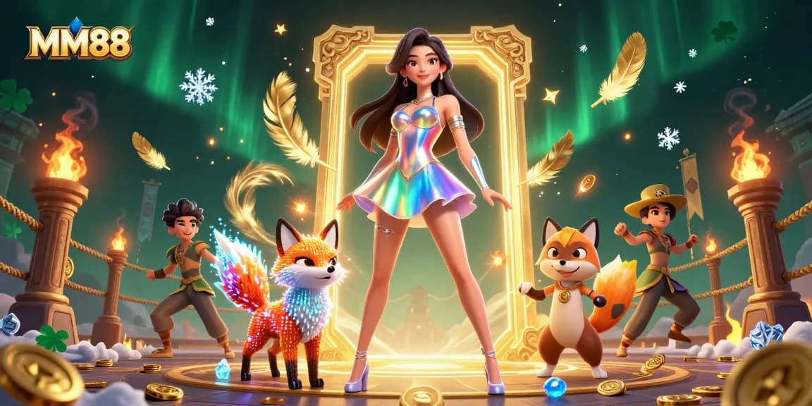 Win on MM88 with vibrant gaming characters in a dazzling, colorful casino scene illustration.