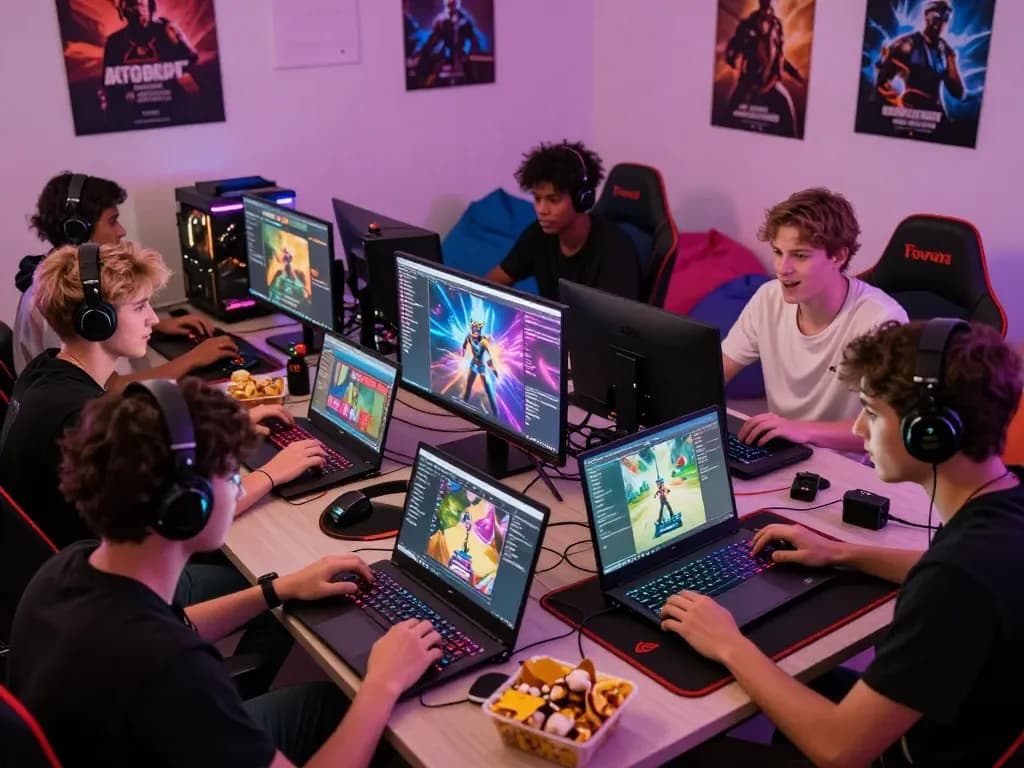 Engaged players enjoying porn games on laptops and mobile devices in a vibrant gaming atmosphere.