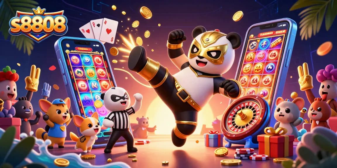 Engage with the excitement of s8808 as a panda performs a flying kick amidst a dynamic casino scene.