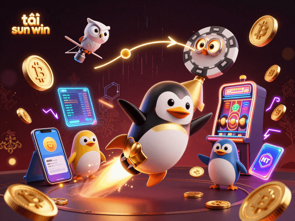 Spin slots in a vibrant 3D scene as you tải sun win with golden penguins and crypto elements.