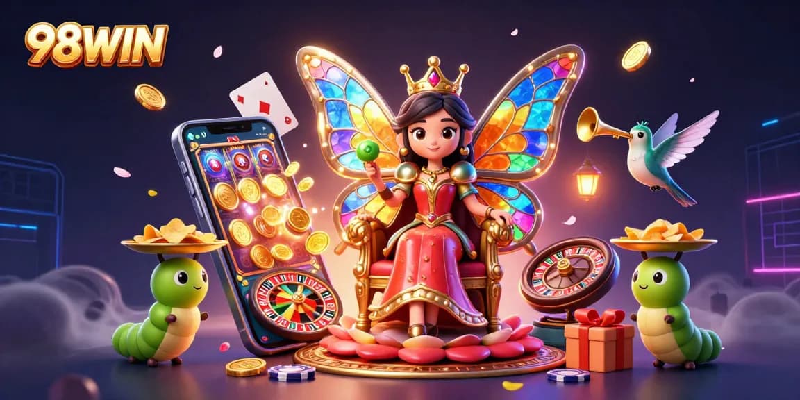 Experience winning thrills with 98WIN's animated casino characters in a vibrant digital scene.