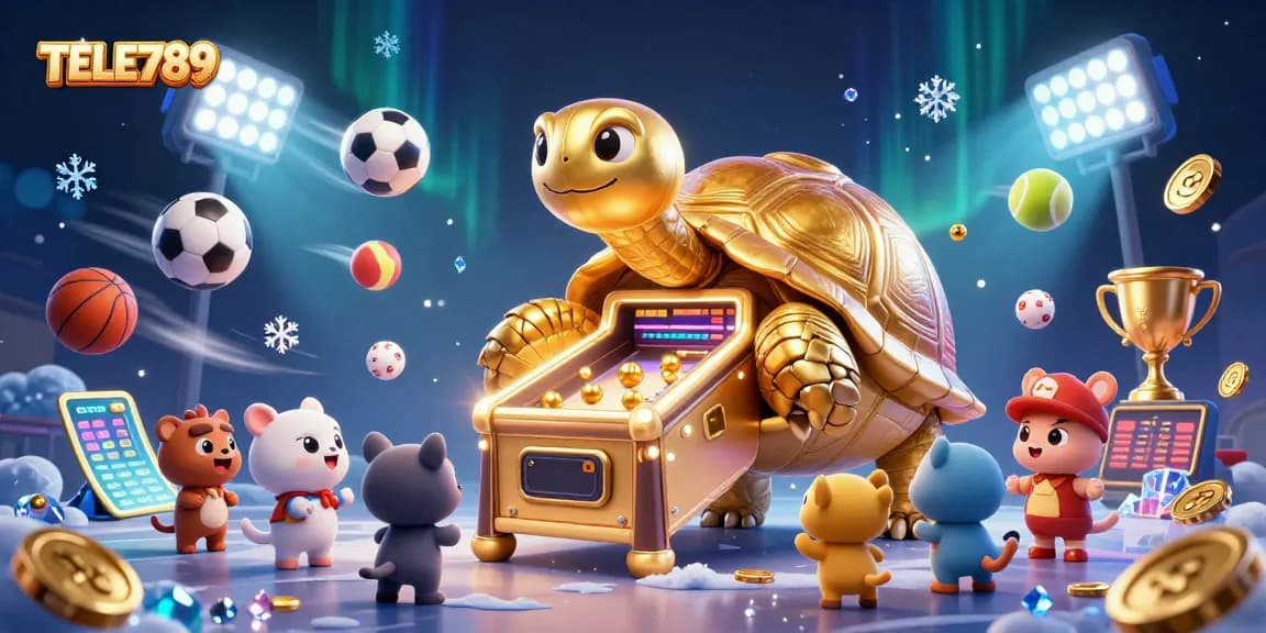 Experience dynamic gameplay with TELE789 through an enticing scene featuring a colossal golden tortoise pinball machine.