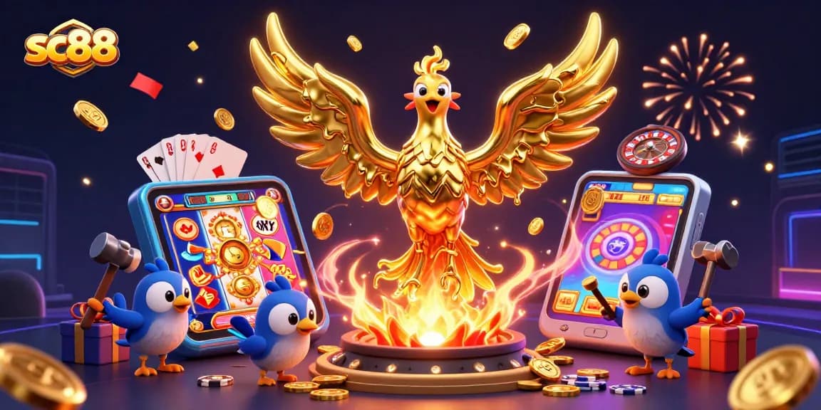 Engage with the sc88 golden phoenix jackpot scene overflowing with coins and casino games.