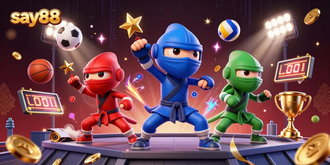 Experience exhilarating action with say88 as ninja chameleons and dynamic sports elements come together in this vibrant casino scene.