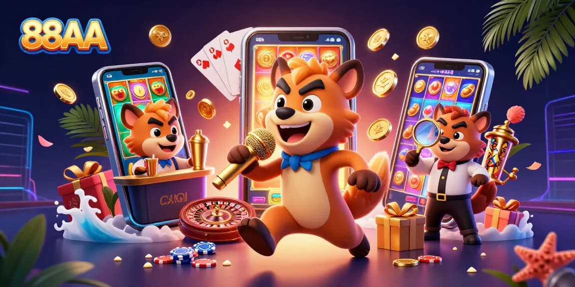 Engage in thrilling slots action with 88AA cartoon hyenas entertaining at a vibrant casino.