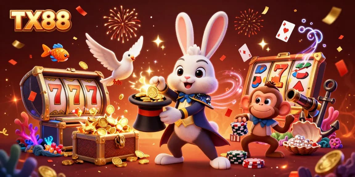 TX88 magician rabbit pulls golden coins while a dove and monkey enhance casino excitement