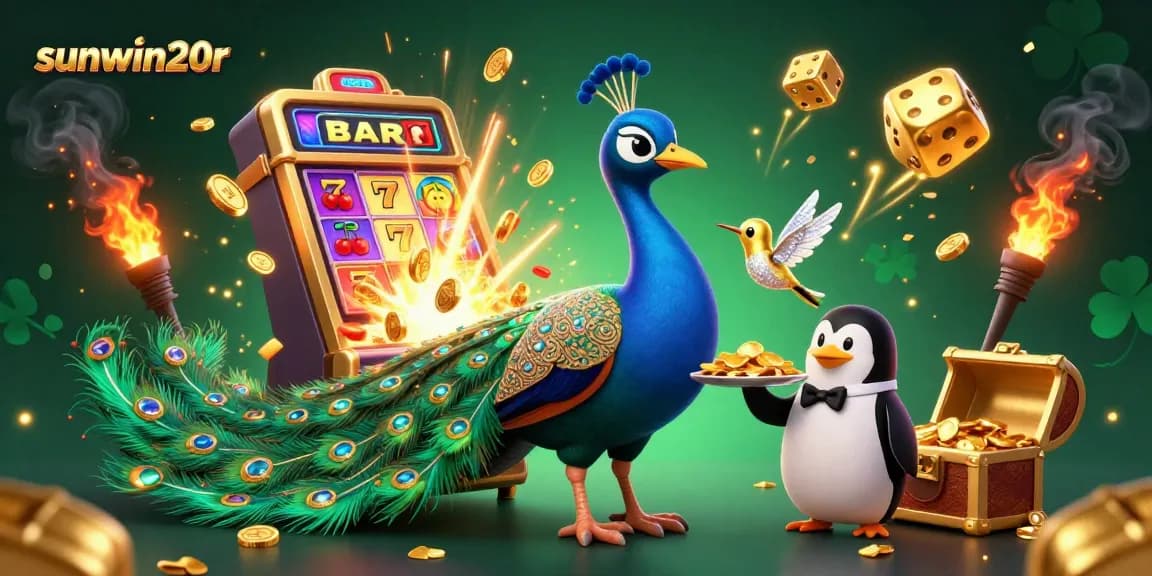 Experience the thrill of sunwin20r with a vibrant casino scene featuring a peacock and jackpot elements.