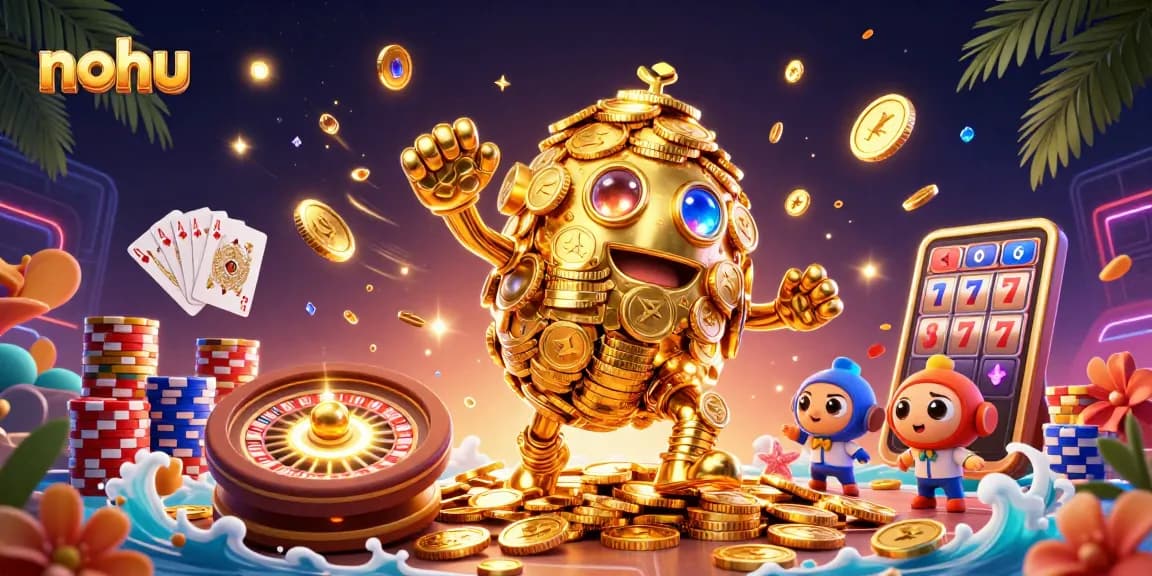 Spin the reels of nohu as cascading gems and golden coins fly across the vibrant casino scene.