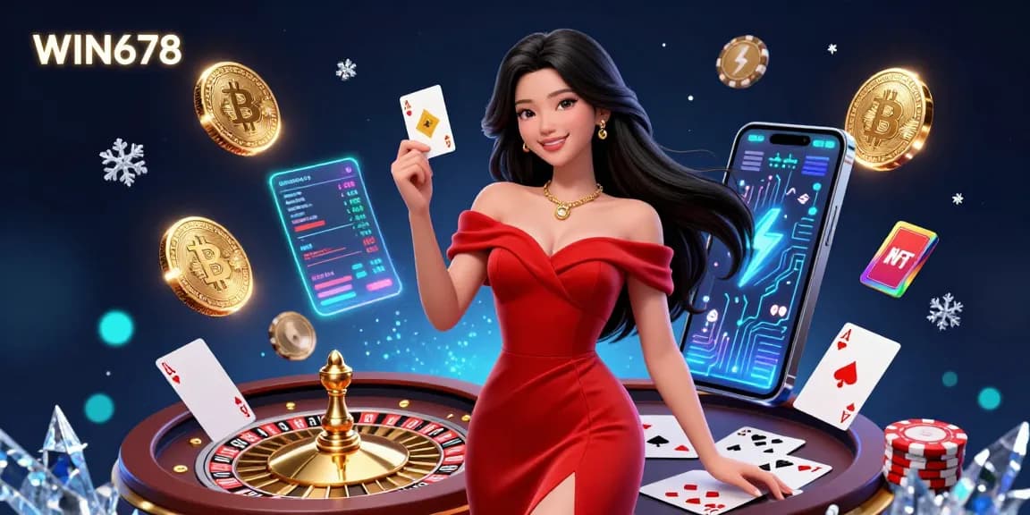 WIN678 showcases a stunning Asian woman by a roulette wheel, holding a golden card amidst vibrant casino elements.