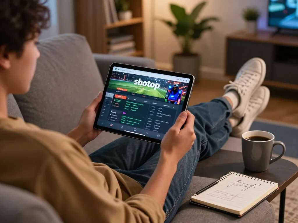Sbotop user enjoying online sports betting on a tablet in a cozy home environment.