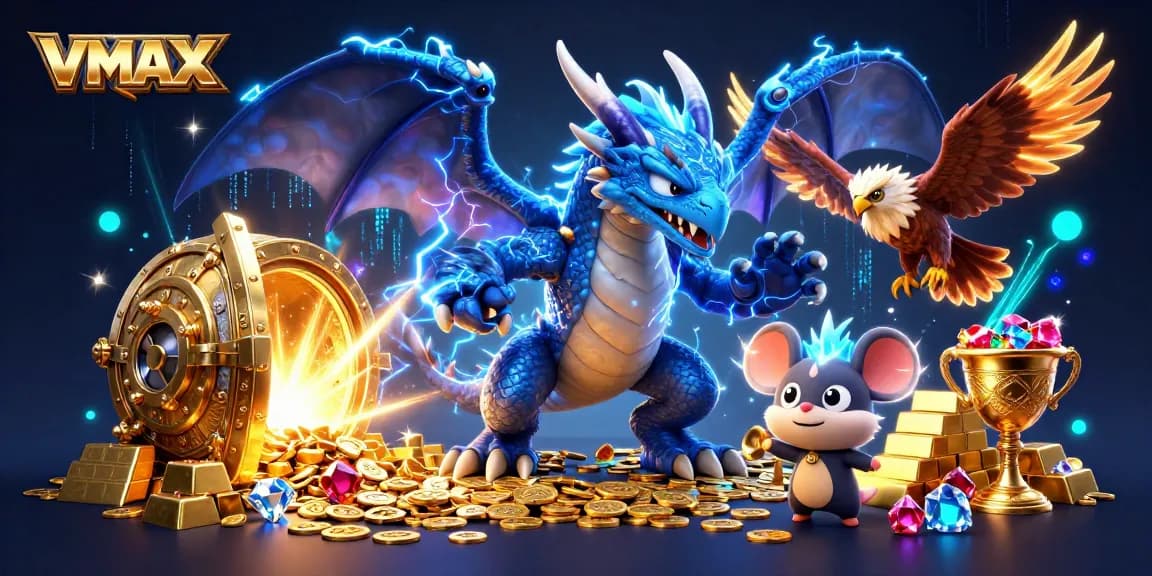 Engage with VMAX gaming excitement featuring a thunder dragon and glowing hawk in a rich treasure scene.