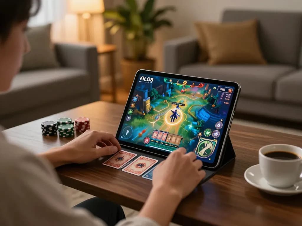 Player enjoying ALO8 mobile casino game on their tablet in a cozy setting.