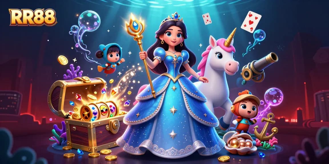 Win big at RR88 with captivating slot games, surrounded by golden treasures and magical elements