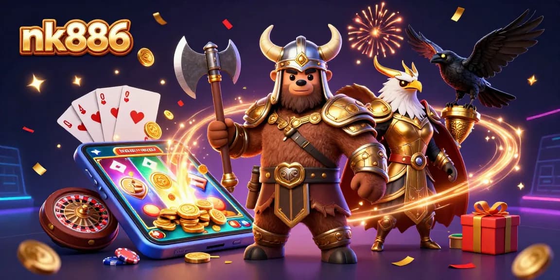 Experience exciting gameplay at nk886 with a Viking bear and Valkyrie eagle surrounded by vibrant casino elements.