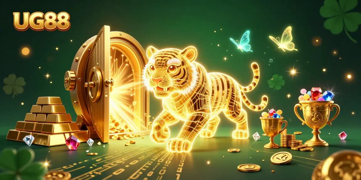 Engage in high-stakes action at UG88 with a golden tiger prowling a vibrant digital casino landscape.