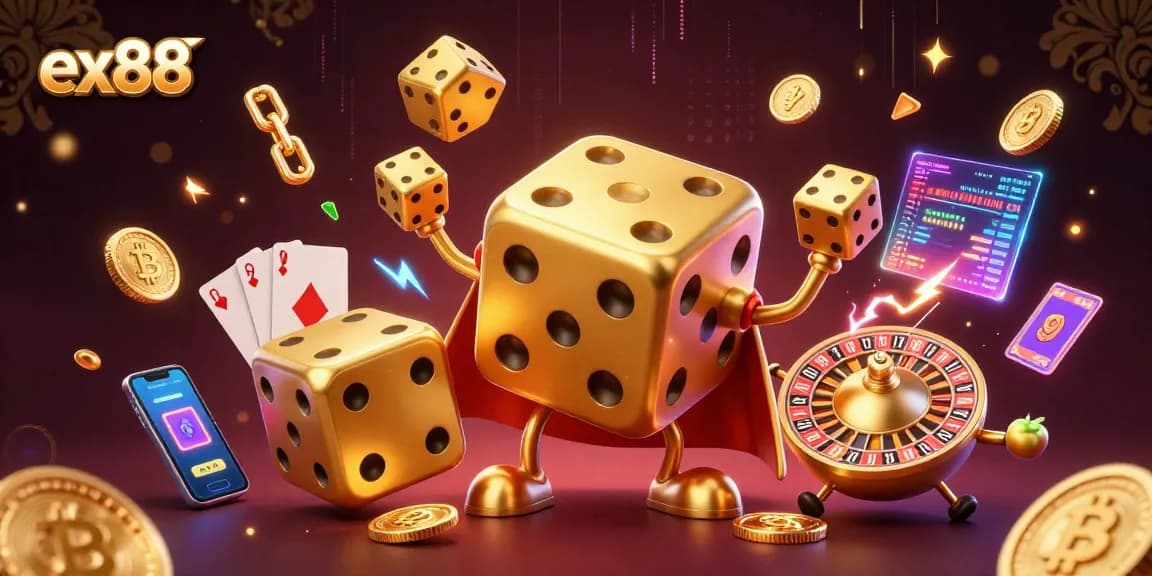 Play lively casino games with ex88's vibrant golden dice and shining coins illustration.