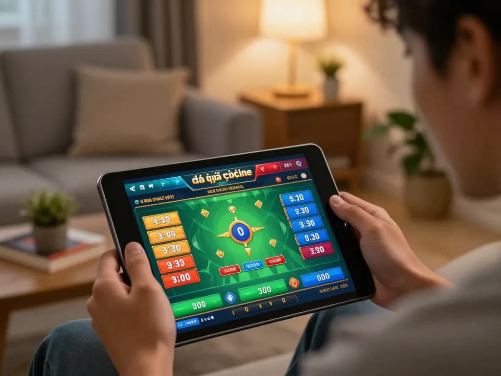 Engaging in đá gà trực tuyến gaming on a tablet, showcasing live betting options and colorful interface.