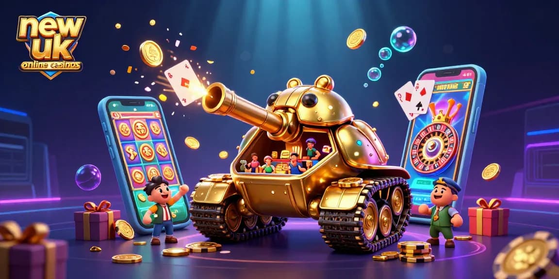 Experience new uk online casinos with a vibrant, energetic 3D illustration showcasing a unique casino within a golden beetle tank.