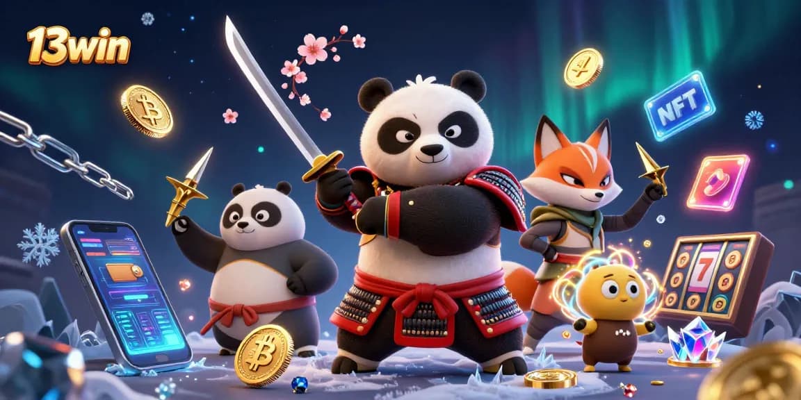 Engage in thrilling gameplay at 13win with a fierce samurai panda and ninja fox amidst vibrant casino elements.