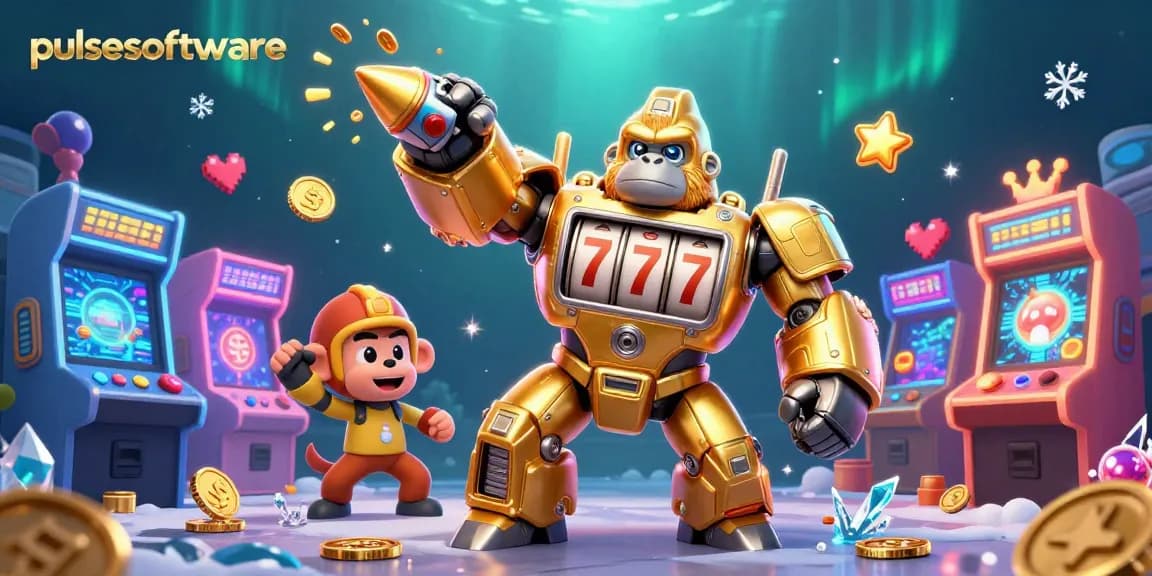 Exciting pulsesoftware scene featuring a golden gorilla mech made of slot machine parts among vibrant arcade machines.