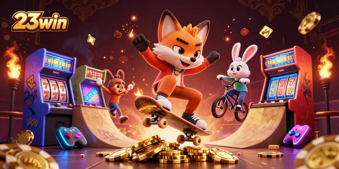 Engage in thrilling gaming with 23win's vibrant 3D casino illustrations featuring dynamic characters.