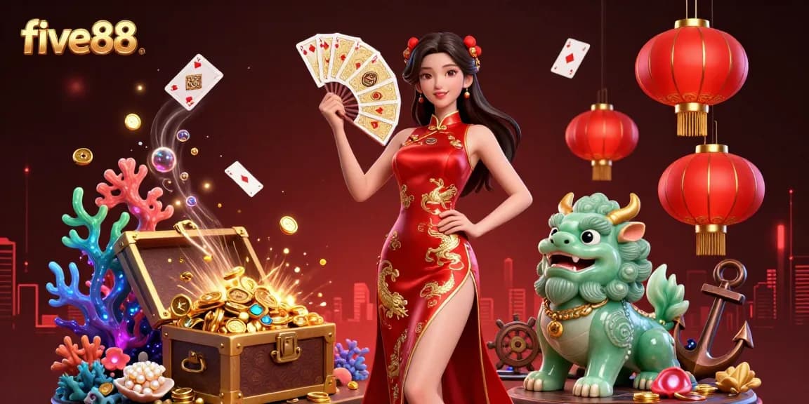Experience the thrill of five88 with a vibrant 3D illustration showcasing a woman in qipao holding golden playing cards, surrounded by treasure and gaming elements.