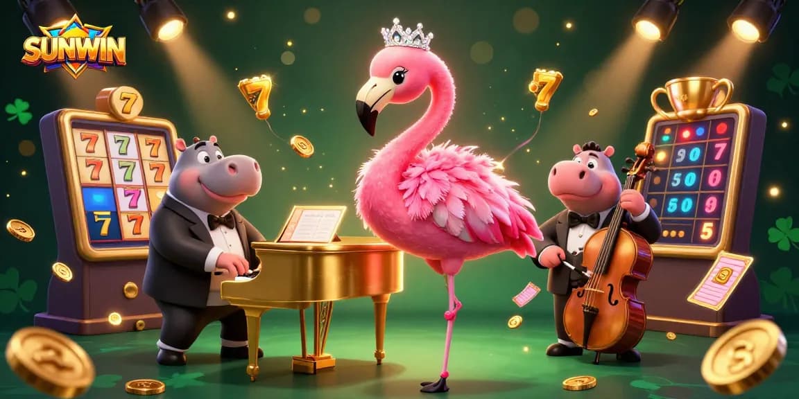SUNWIN showcases a vibrant casino scene with a flamingo singer and hippo bassist, capturing the excitement of gaming.
