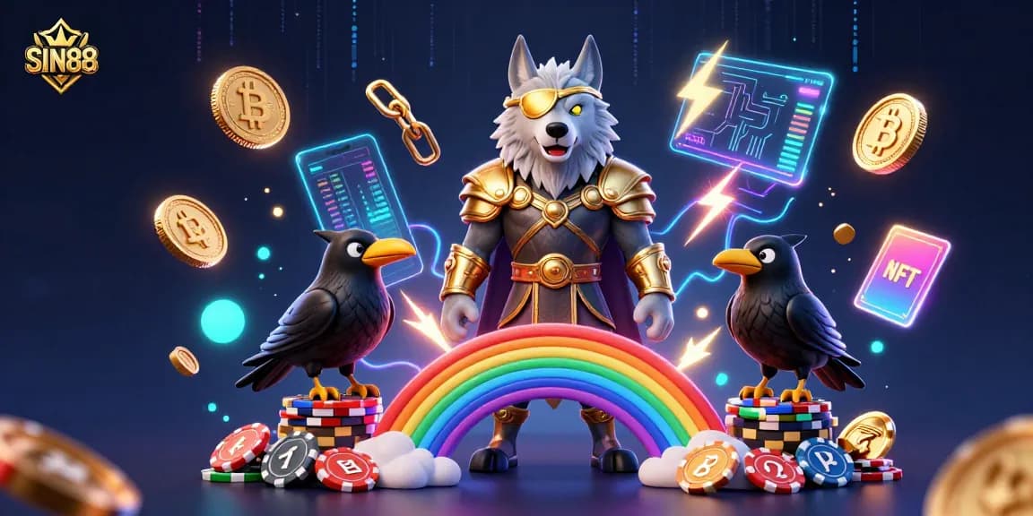 SIN88 showcases an engaging 3D scene featuring Odin and ravens on a casino chip bridge, symbolizing gaming luck.