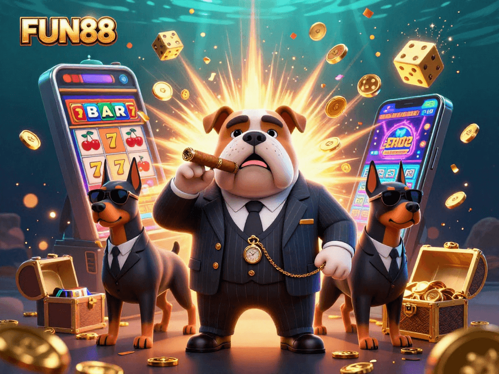 Spin the reels of FUN88's slot machine in a vibrant casino scene bursting with excitement.
