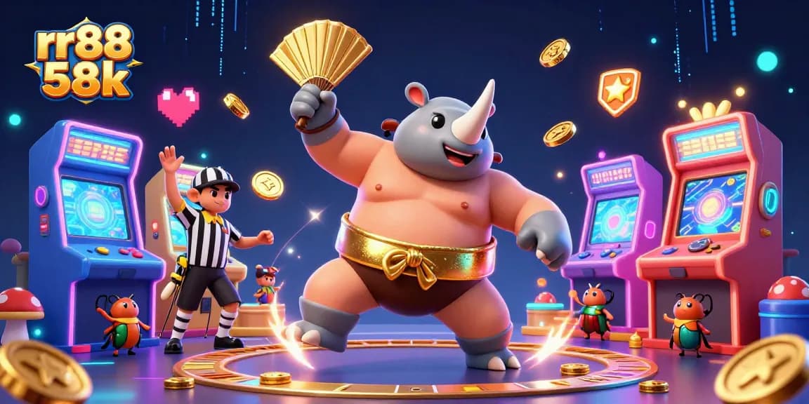 A vibrant gaming scene showcasing rr88 58k with animated characters celebrating as gold coins fly, enhancing the thrill of online gambling.