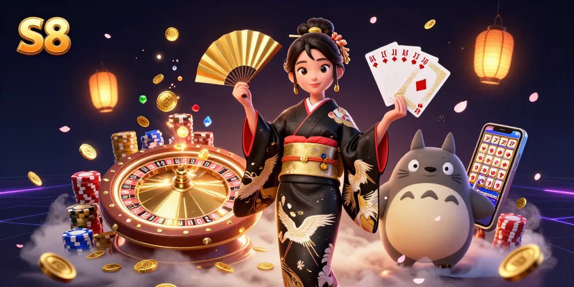 S8 shows a lively casino scene with a woman in kimono and a tanuki, celebrating with coins and cards.