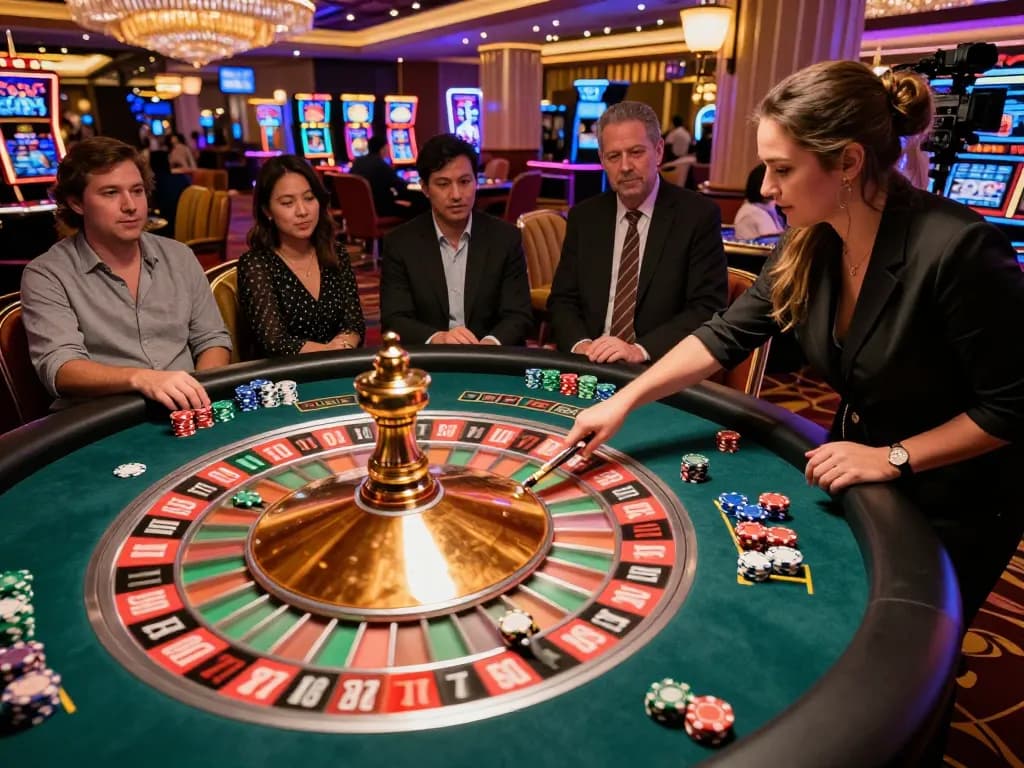 Alo8 players engaged at a roulette table in a lively Las Vegas casino, showcasing vibrant gameplay