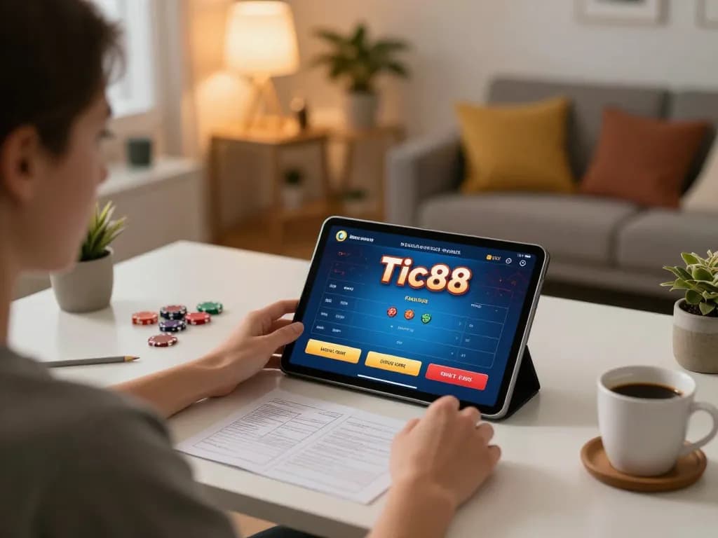 Tic88 online poker gameplay on tablet sits at a cozy home desk with strategic notes.