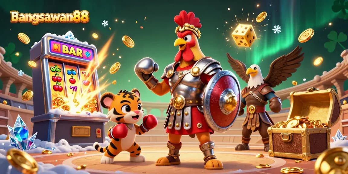 Bangsawan88 engages in thrilling online betting with a vibrant arena full of casino elements.