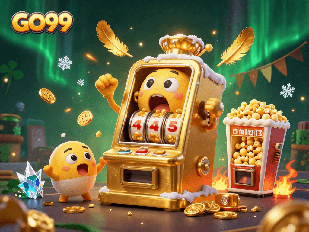 Celebrate jackpots with GO99's vibrant slot machine party in an exciting casino scene.