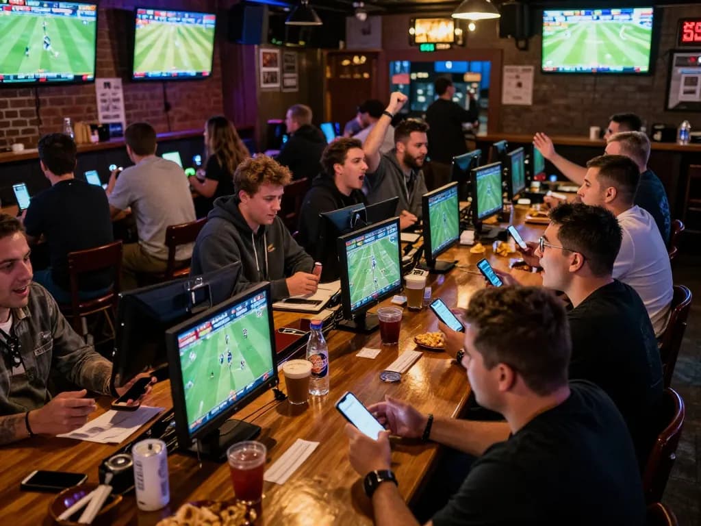 Excited patrons placing sports bets while following live match updates, showcasing the excitement of ผลบอล.