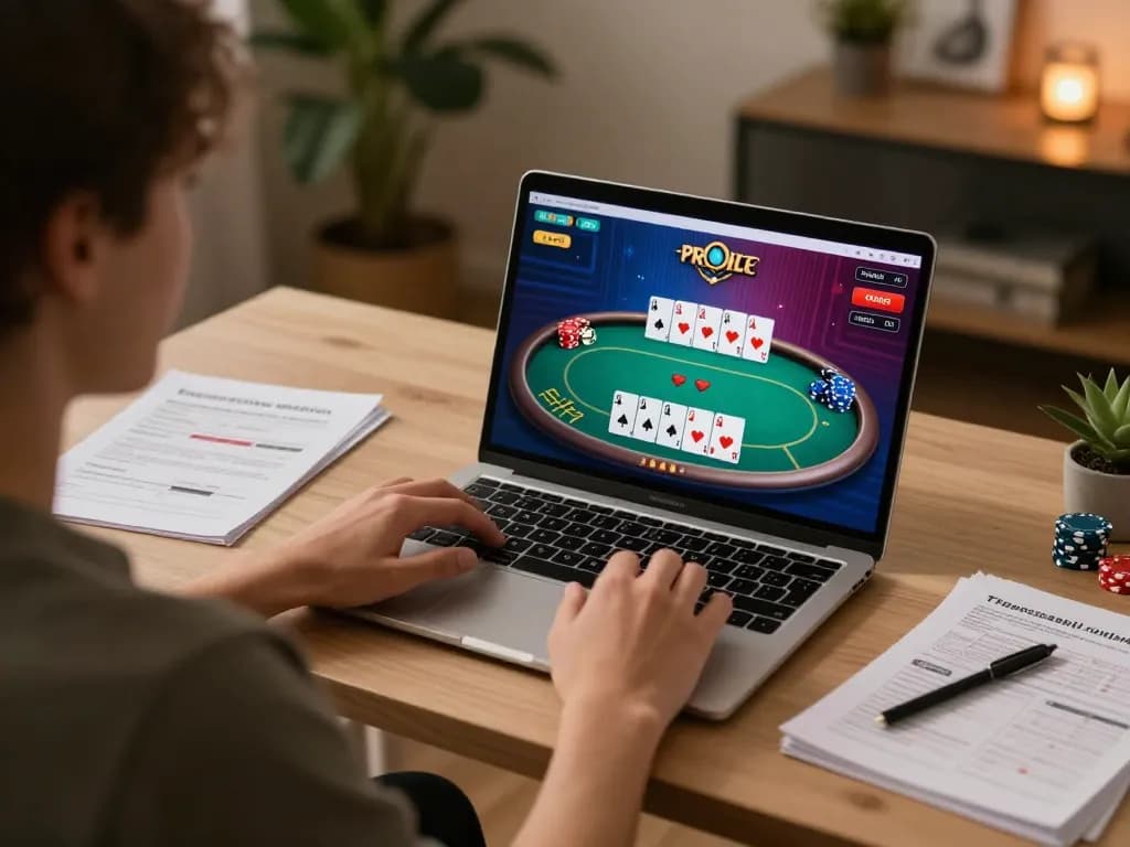 Player engaged in an online poker game on a laptop, showcasing strategies on da88pc in a cozy home setting.