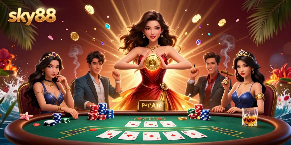 Win big with sky88 as stunning Asian woman celebrates jackpot with golden coins raining down.