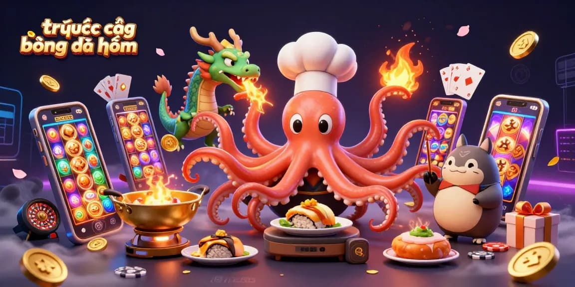 Watch trực tiếp bóng đá hôm nay with a dynamic 3D illustration of gaming characters preparing golden dishes and slot games.