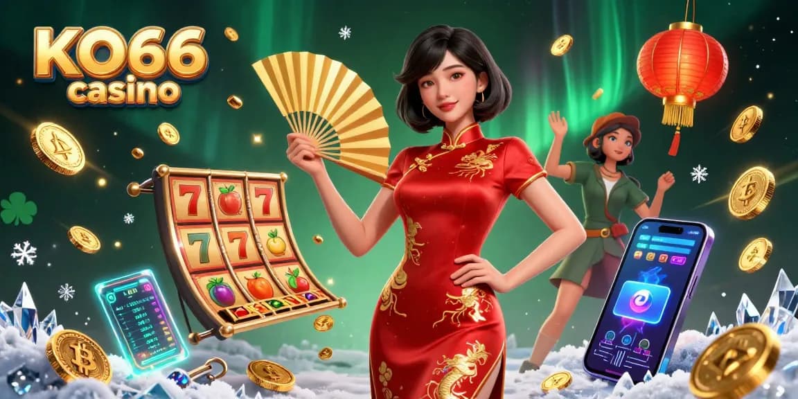 Engage with the excitement of KO66 casino, featuring vibrant visuals of games and winnings amidst floating gold coins.