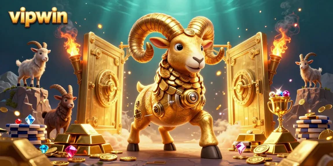Experience the thrill of vipwin with an action-packed golden ram charging through a treasure vault.