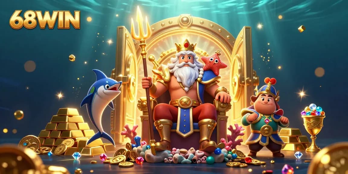 Experience the thrill of 68WIN with Neptune and treasures in this vibrant casino artwork.