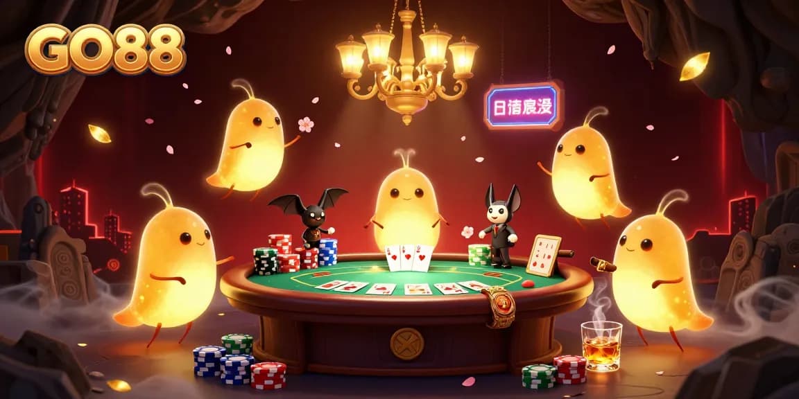 Join GO88 for an exciting poker experience in a vibrant cave casino setup illuminated by glowworms.