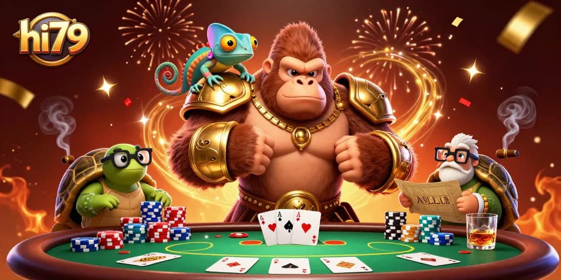 Engage in thrilling poker action at hi79 with a 3D gorilla king and friends.