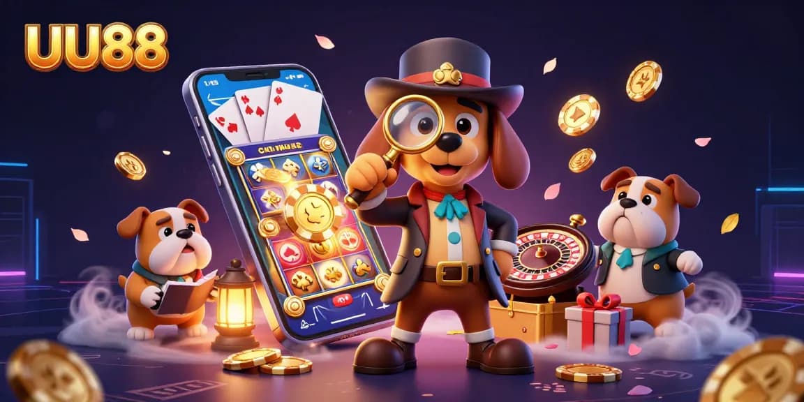 UU88 players examine winning poker opportunities with detectives and treasure in this lively casino scene.