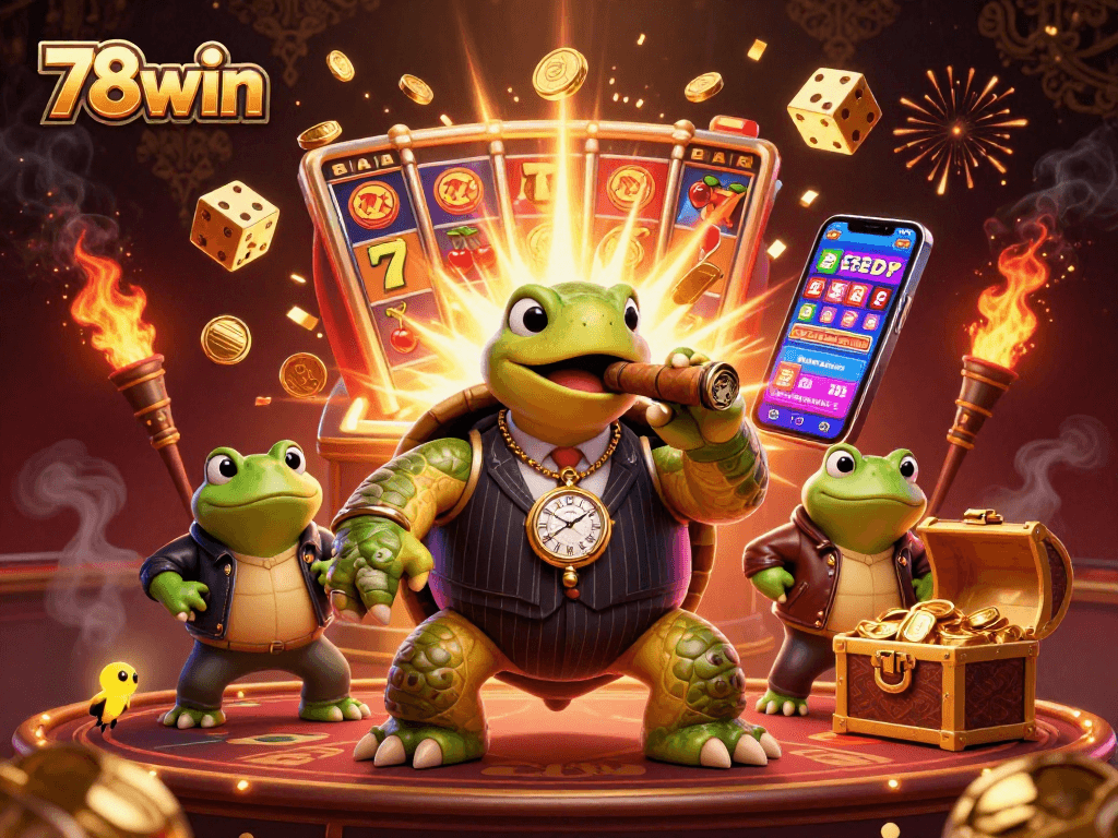 Experience thrilling 78win gaming with a snapping turtle mobster and casino-themed elements.