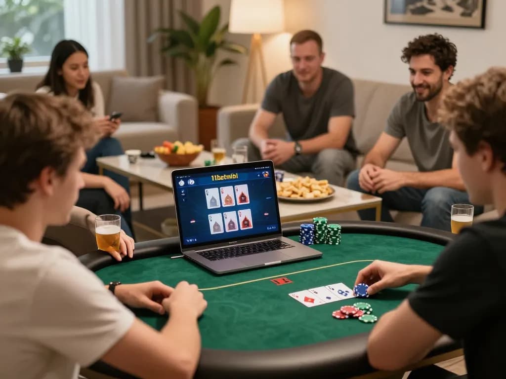 Players enjoying poker night with the 11betmobi interface displayed on a laptop, showcasing strategic gameplay.