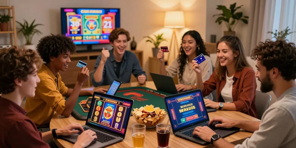 Exciting players on eviz.org.uk enjoying credit card casinos on various devices in an inviting living room.