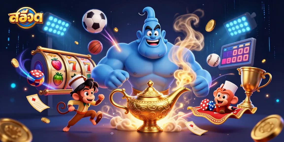 Experience excitement with สล็อต featuring a dynamic scene of a blue genie, monkey, and poker chips amidst swirling slot reels.