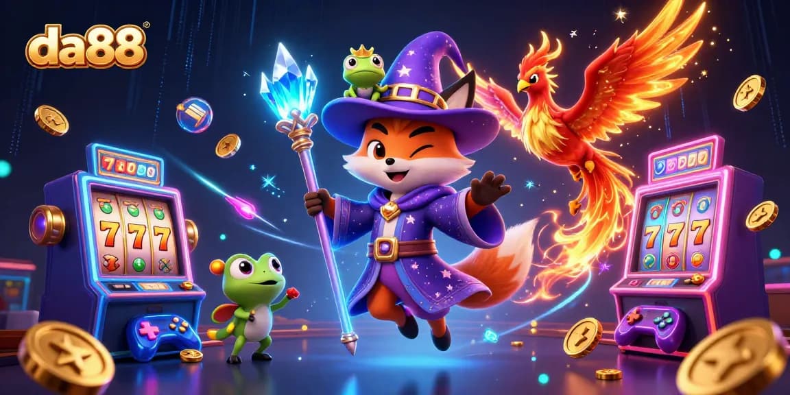 Spin and win at da88 with a wizard fox and phoenix amid vibrant slot machine thrills.